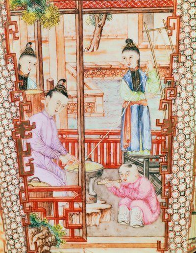 Detail von einer Vase, die Frauen beim Seidenspinnen darstellt von Ming Dynasty Chinese School